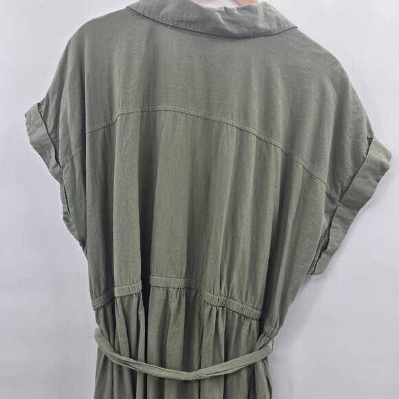 Ava and Viv Green V-Neck Buttoned Belted 100% Cotton Midi Dress 3x - Picture 5 of 12
